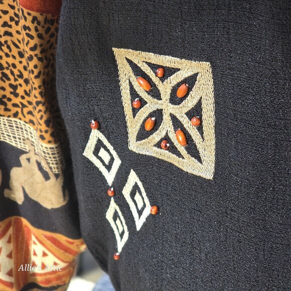 Vtg Zoo Animal Elephant Leopard Print Beaded Full Zip Jacket Alfred Dunner 10 - Picture 5 of 10